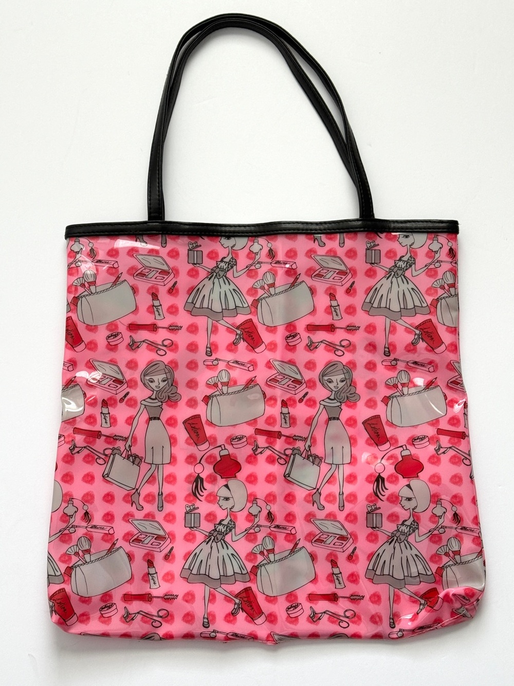 Vintage Vinyl Plastic Tote Bag Pink Shopping Lipstick Lotion